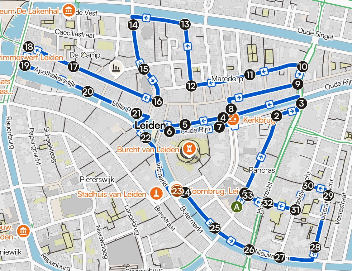 De officiële routekaart: de wandelroute door de oude binnenstad van Leiden, met pijlen voor de looprichting en genummerde punten, vanaf en terug naar de Hooglandse Kerk