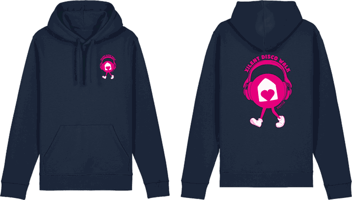 De donkerblauwe hoodie: links de voorkant met een kleine mascotte op de borst, rechts de achterkant met de grote mascotte met koptelefoon en de tekst Xilent Disco Walk in magenta